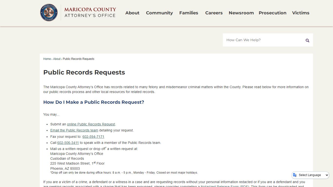 Public Records Requests | Maricopa County Attorney's Office, AZ